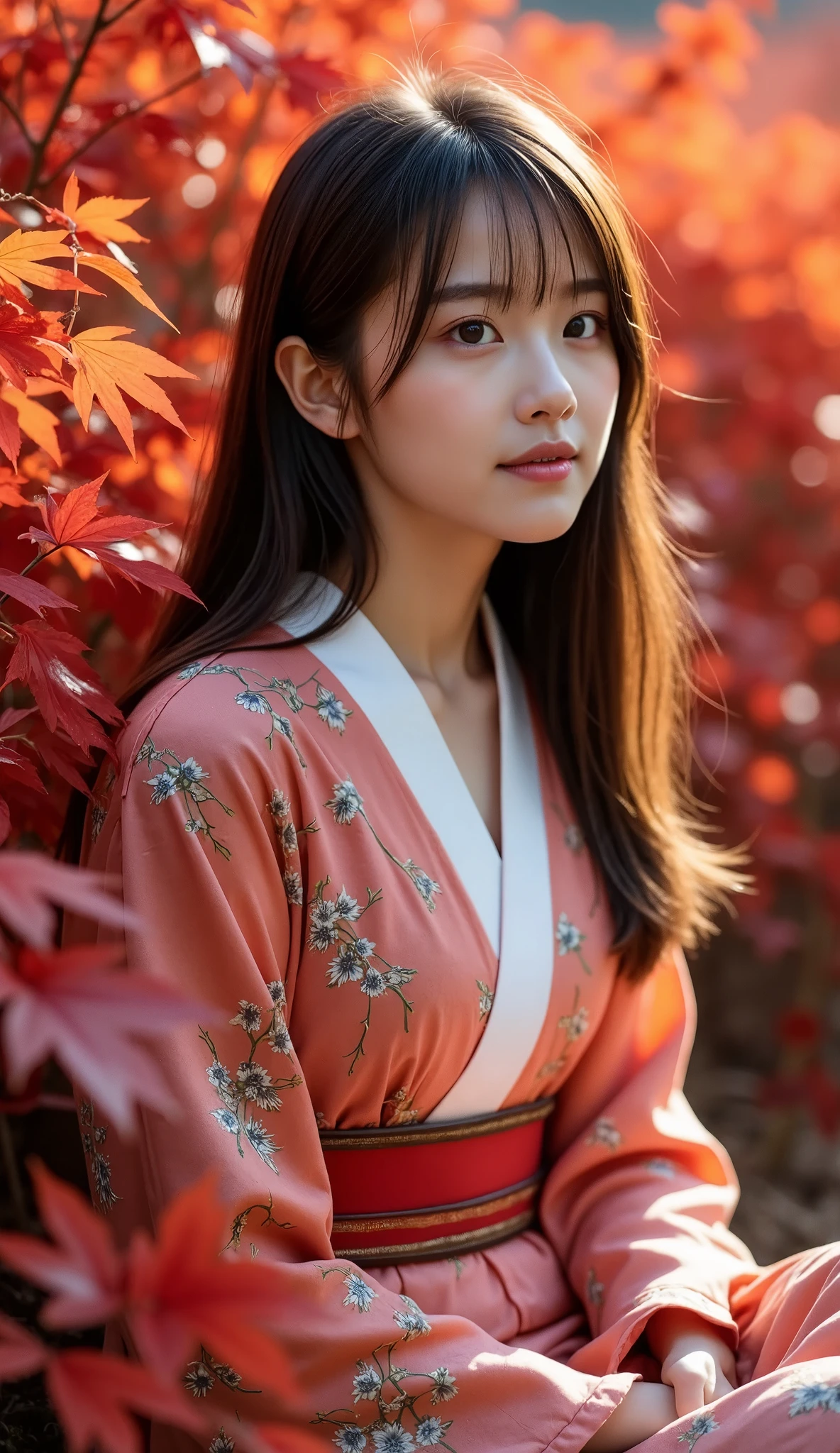 Realistic portrait of a young woman in traditional kimono, Sitting gracefully in a landscape of vibrant red maple leaves. Autumn leaves gently fluttering in the wind, Add a dynamic and poetic element to the scene. Her long hair flows gently, Her expression is calm, Staring to the side in silent thought. warm, Natural light highlights the intricate patterns on her kimono and the rich colors of the leaves., Creating a harmonious balance between Hegre and the surrounding nature. The atmosphere is calm and cinematic., Combining feminine beauty with autumn elegance

