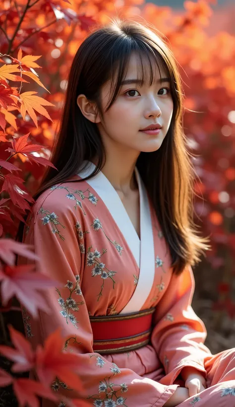 realistic portrait of a young woman in traditional kimono, sitting gracefully in a landscape of vibrant red maple leaves. autumn...