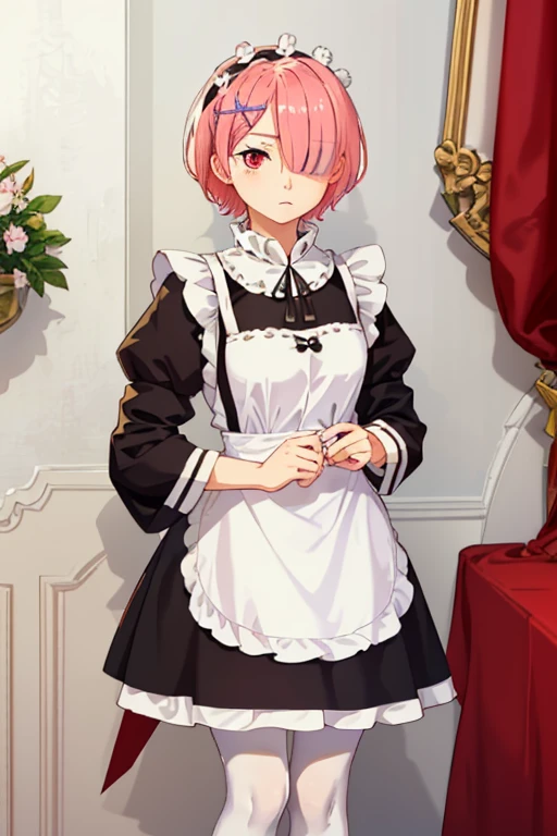 ((best quality)), ((masterpiece)), illustration, (detailed), 1girl, ram_rezero, cute, chibi, piercing gaze, pink hair:1.1, short hair, (hair over one eye:1.3), red eyes:1.2, roswaal mansion maid uniform, apron, (white pantyhose:1.2), looking at viewer, upper body, angry, annoyed, disgusted, glaring, mansion, (high-resolution:1.2),