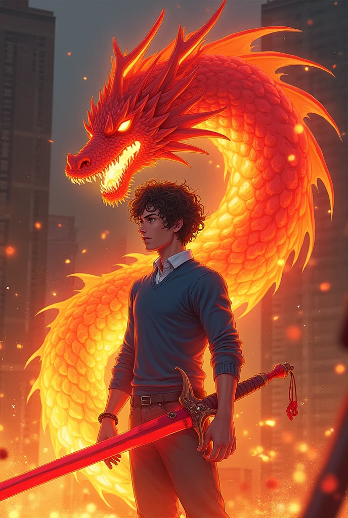 Smart boy standing front of a dangerous dragon  ultra realistic 4k hd