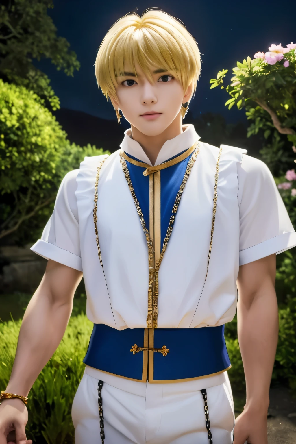 1boy, masterpiece, realistic, absurdres, best quality, high resolution, (Kurapika), japanese boy, very handsome, perfect face, cute face, intricate detail, clear and beautiful detailed eyes, messy blonde short hair, shiny hair, bangs, blue tabard, white shirt, white pants, gold trim, holdig a chain, chains flying, slim muscular, handsome muscle, detailed skin, perfect hand, good anatomy, looking at camera, action scene, dynamic pose, fantasy, night, tree, Moonlight at night, wilderness, flowers, skynight, studio lighting, soft light, upper body portrait, front view, Professional photography, 8K UHD,