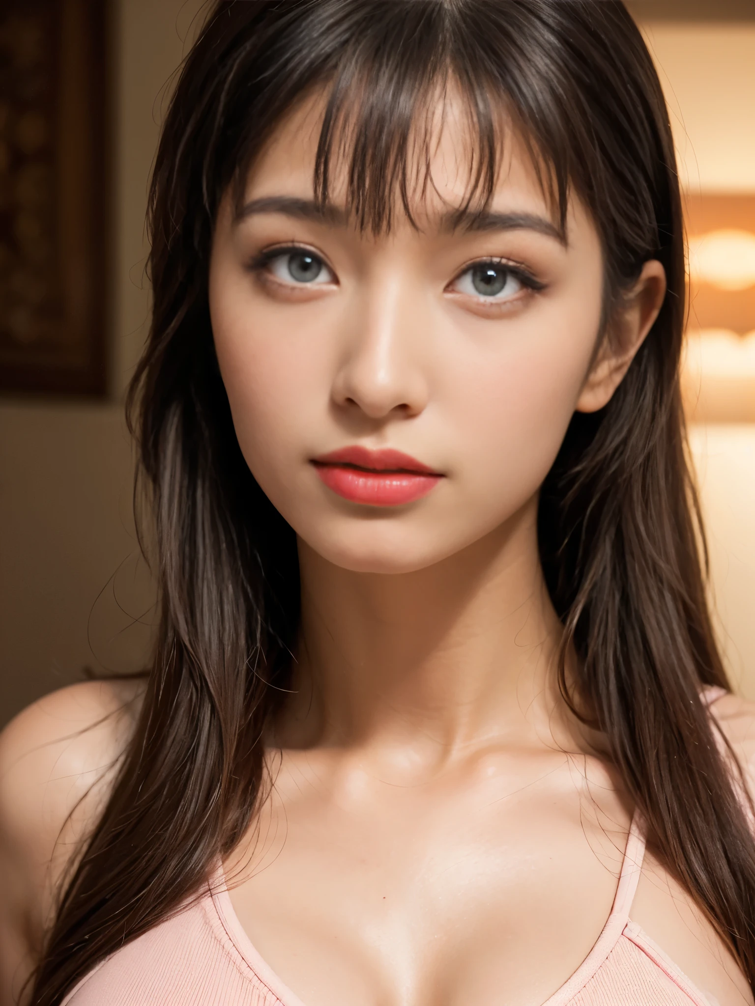 best quality, ultra high res, (photorealistic:1.4), (detailed beautiful girl:1.4), (medium breasts:0.8), looking_at_viewer, Detailed facial details, beautiful detailed eyes,Brown Hair, blue eyes, slender, haunting smile, (makeup:0.3), red lips, highly detailed clothes, (ulzzang-6500-v1.1:0.3) 