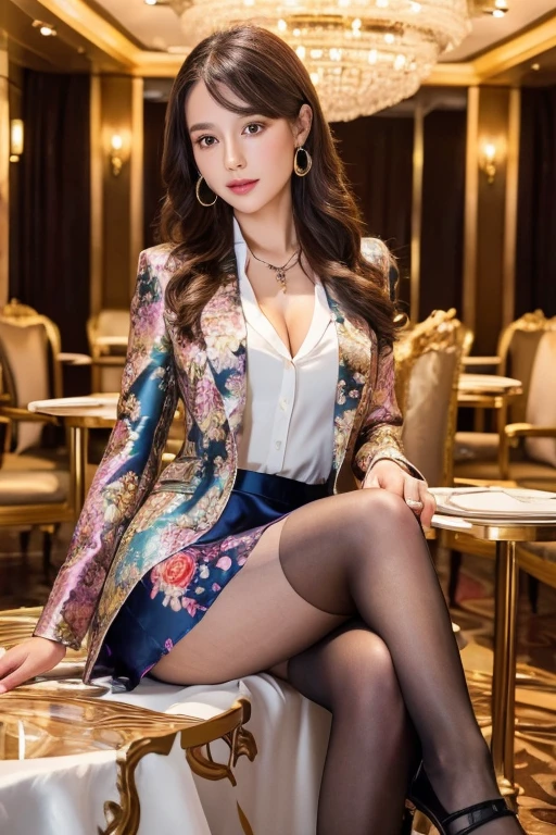 Full body of beautiful korean female, 30 inch breasts size, wearing pink suit, and short skirt, Sitting on a chair in a luxury jewelry store, night light, bokeh background, UHD