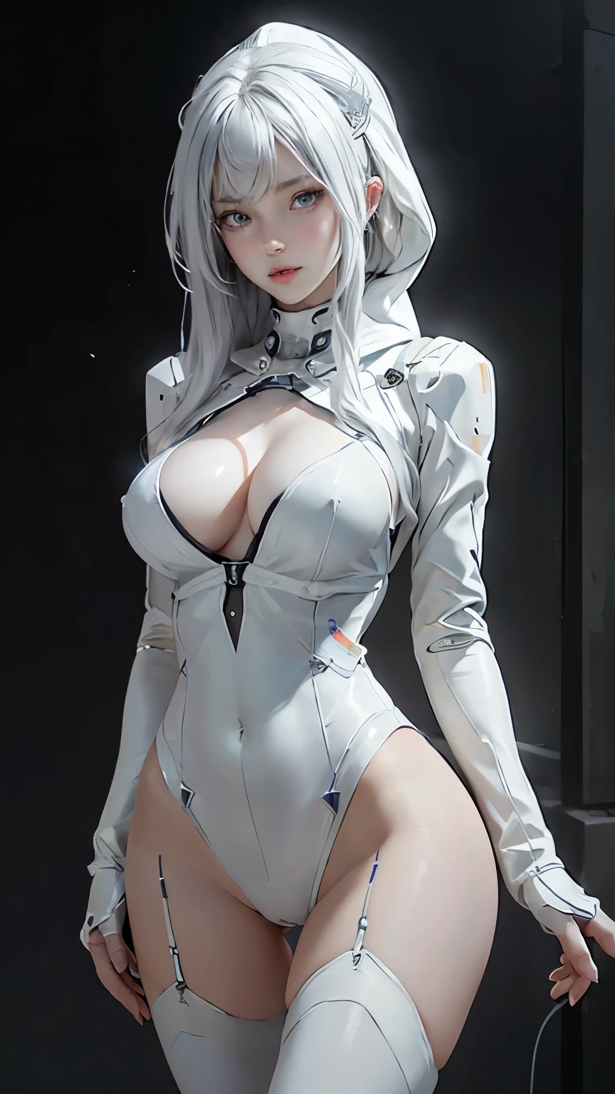 ((of the highest quality)), ((​master piece)), (detail:1.4), (((Translucent black material with mechanical parts and transparent skin and Beautiful woman in cyber bodysuit made of gray carbon material))), Glowing pale with LEDs, ((Wide open chest)), Skin of the hips and thighs, Ticker (High dynamic range), Ray tracing, NVIDIA RTX, Super Resolution, Subsurface Scattering PBR Texturing, Post-processing, Anisotropy Filtering, depth of fields, Surface Shading, Accurate simulation of light/Material Interactions, perfectly proportions, Two-tone lighting, Wide aperture, Low ISO, White Balance, 8K, (((Cameltoe))), NSFW, (((Tall Woman))), 25 year old woman, Cyber headgear with dull glowing LEDs, knee high, Bulge, Puffy nipple, ((Cyber hood with dull glowing LEDs)), open stance, Cowboy Shot, Skin of the hips and thighs, Beautiful body, Navel visible on bare skin, Chest to feel gravity, (Huge breasts: 1.3), (gargantuan butt: 1.0), Simple and minimalistic space, Natural sexy poses, Looking down, Dull bangs, (((beautiful drill long hair))), (((silver hair))),