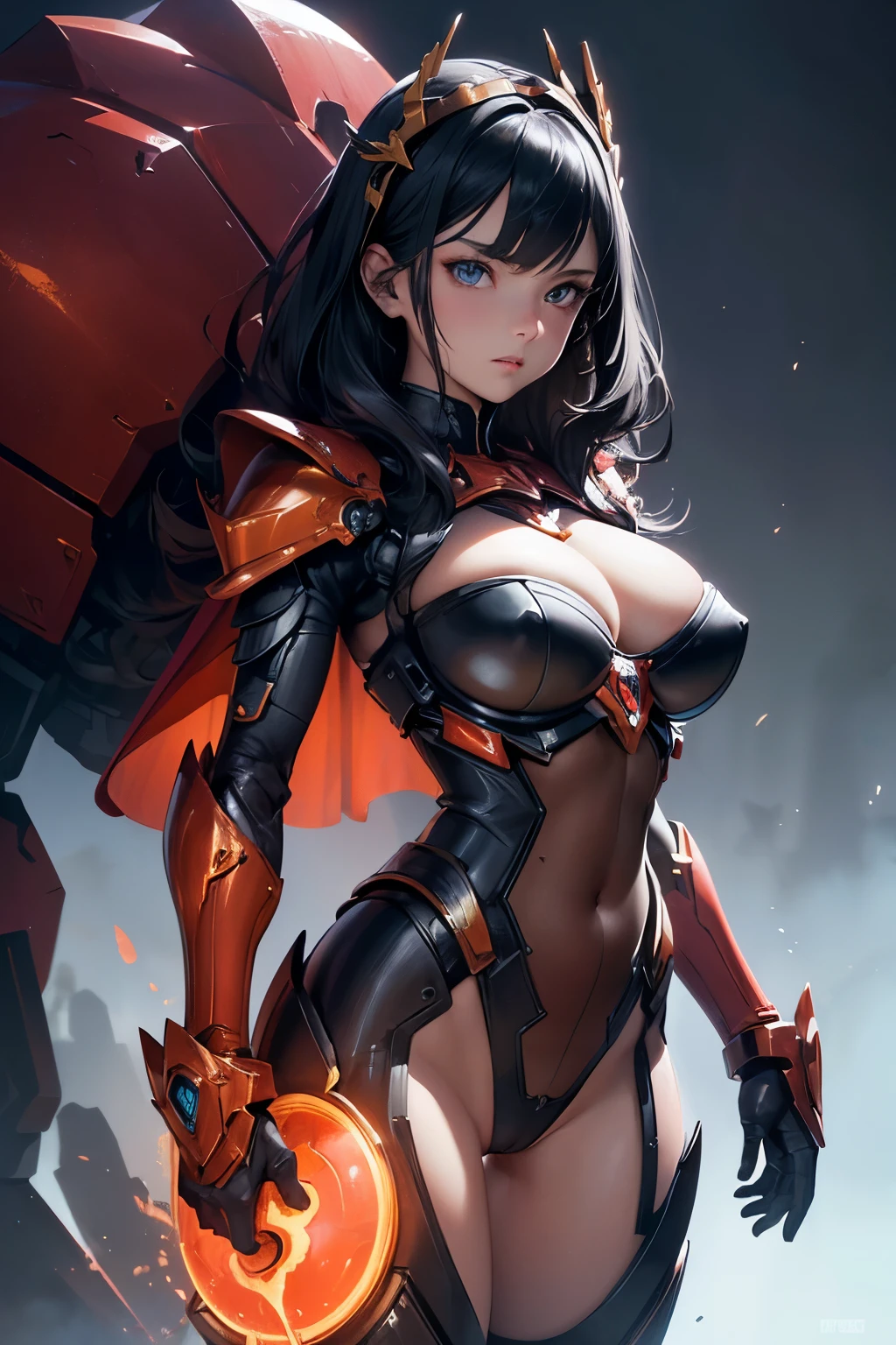 (Exoskeleton mech:1.2), (gold and red theme:1.1), offcial art, unity 8K wallpaper, hyper-detailing, masterpieces, best quality, woman, (very detailed), realistis, high sharpness, (ultra detailed body), (mecha back), (highly detailed skin), beautiful woman, (soft fair skin), (long black hair), (blue eyes:1.1), (dynamic angle), mysterious expressions, (fire glow effect), (fantasy background), side brightness, cinematric light, hyper HD, best shadow, detailed textures, (detailed jewel armor:1.2), silver armor, (slender abs), (glowing weapons:1.2), (held a weapon:1.2), (weapon in hand:1.2), (mech shield:1.2), (shield in the other hand:1.2), (detailed shield), (mech crown:1.1), long cape, (detailed face and eyes:1.2), (perfect anatomy), (round breasts), (bubble butt), (wide hips:1.1), (slim waist:1.1), (thick thighs:1.1), (detailed background), (perfect nails:1.1), (detailed hand and finger:1.2), (medium breasts:1.2), (busty), (deep cleavage:1.2), (labia outline:1.3), (hard teat:1.3).