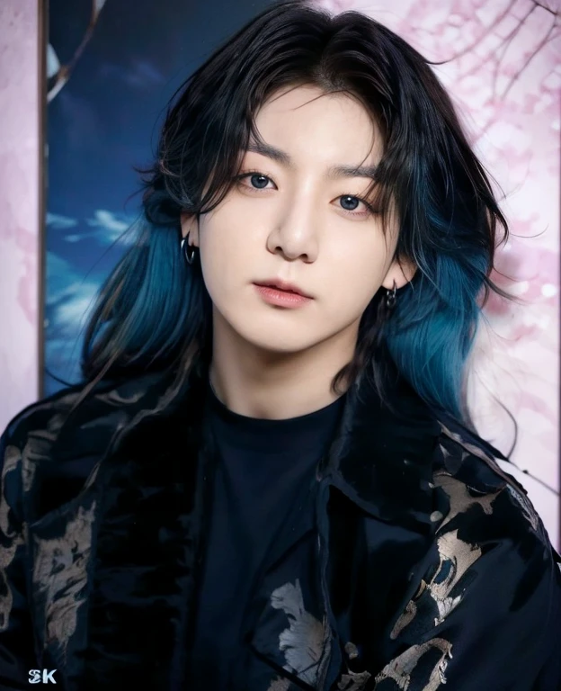 Jeon Jungkook from BTS, Masterpiece, Best Quality, Official Art, 8k Wallpaper, Very Detailed, Illustration, 1 boy, Sky Blue Hair, Long Hair, Detailed Eyes, Forrest Gump, Bare Shoulders, Hanfu, Lake, Pure, Soft Smile, Asian male, attractive Korean men, Asian features, Korean muscle boy 2, twink, high detail 