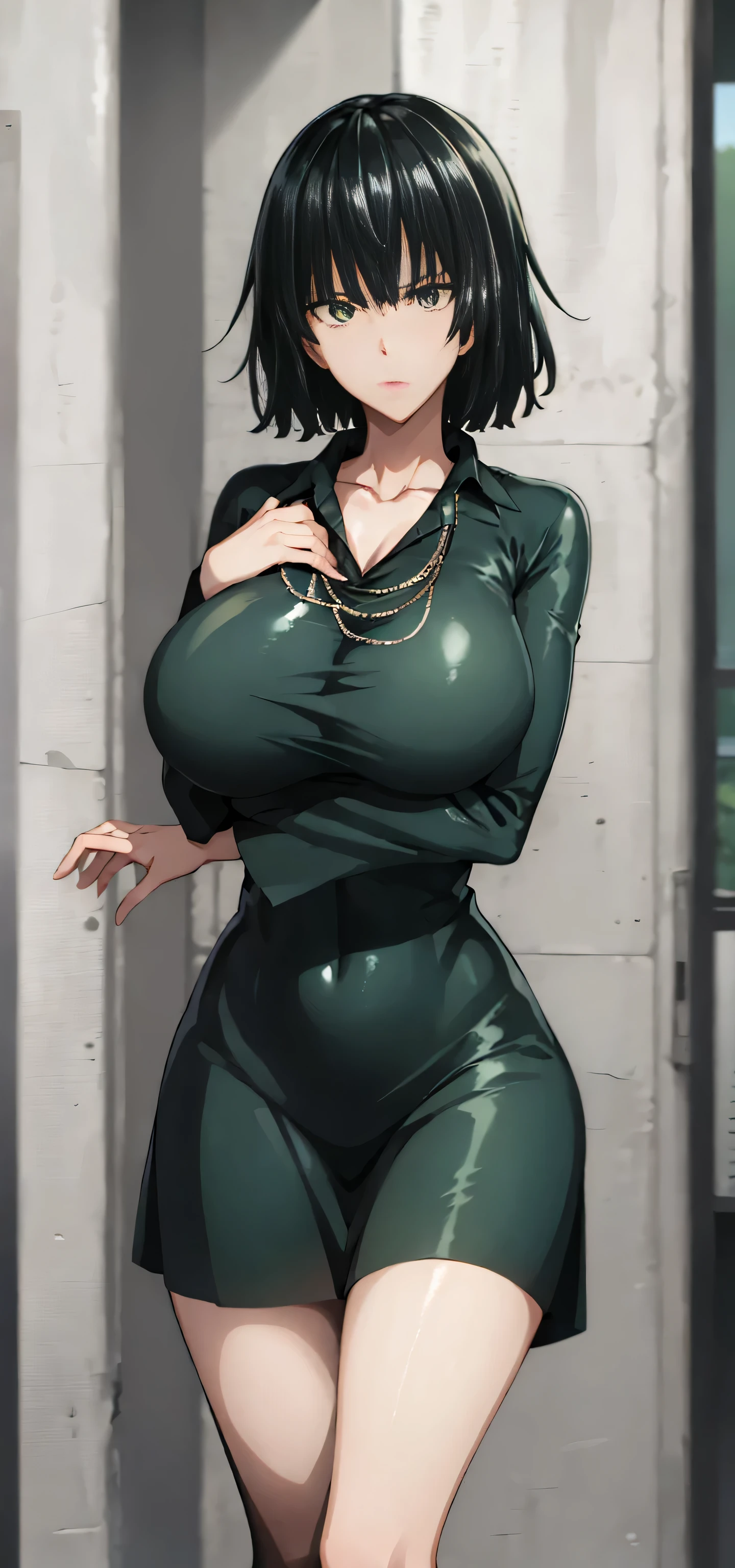 Fubuki, anime girl in green dress posing in front of a window, from one punch man, sexy dress, tracer in a skintight dress, tight attire, full body close-up shot, she wears a dark green dress, tatsumaki, thicc, skintight dress, cammy, tight full body suit, bottom body close up, pink lips, perfect cleavage, breast cleavage, Smooth, shiny white skin. Very largest breast, dense breast, golden breast