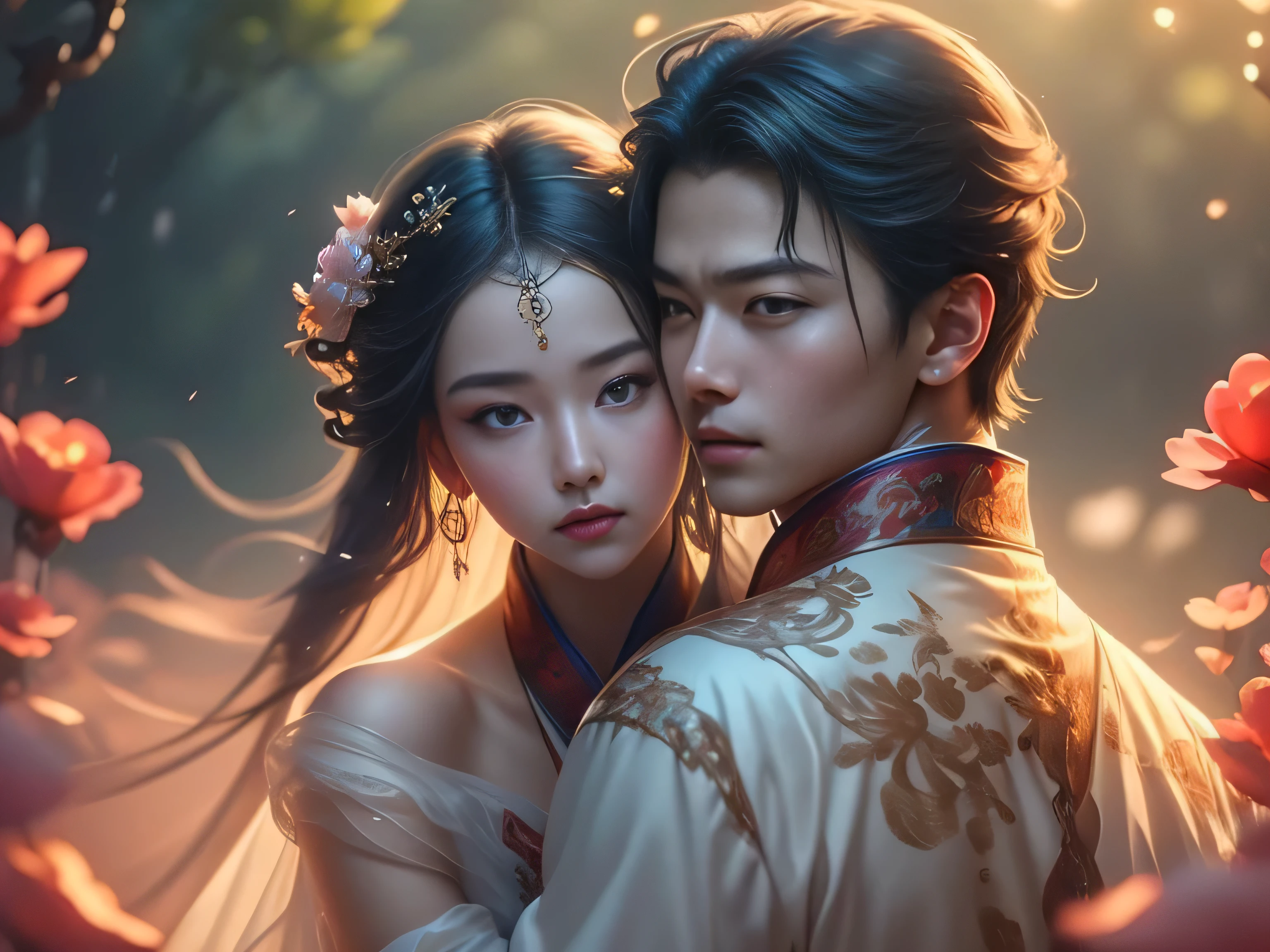 (Best Quality, Super Detail, Masterpiece, Representative Work, Official Art, Professional, Super Fine Detail, 8k:1.3), (photorealism:1.2), (Couple, Beautiful Girl and Boy), A couple in the sea of flowers, Handsome guy hugs beautiful girl from behind, Smiling and Wearing White Clothes, Delicate Hair, Chinese Beauty and Handsome Man, Wearing Ancient Chinese Clothes, Flowing Tulle, Light Silk, Create a movie poster similar to those used in Chinese romantic fantasy dramas, Correct proportions, Perfect face, perfect hands, Sweet atmosphere, Photorealistic, Sharp Focus, Dreamy Atmosphere, Delicate Details, Soft Volumetric Light, (Backlight:1.3), (Cinematic:1.2), Intricate Details, (ArtStation:1.3)