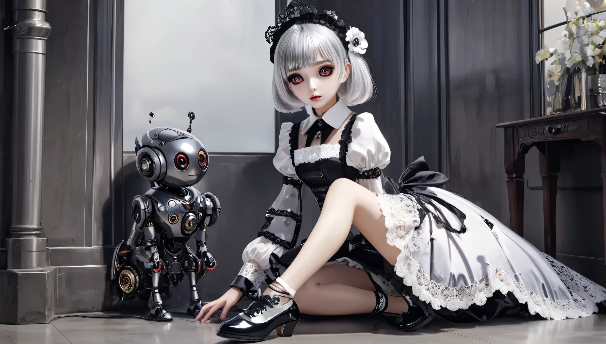 1 girl，robot，Personal，Big Eyes，Exquisite facial features，Dark eyeshadow，Weird Makeup，Lace maid outfit，Silver Hair，Narrow waist，Super long legs，shoes下，shoes， Children&#39;s Underwear, Flip-up skirt, Children&#39;s underwear is visible, Low angle, Flip up the skirt, Angle from directly below, Crotch close-up, Look under the skirt, I can see your underwear