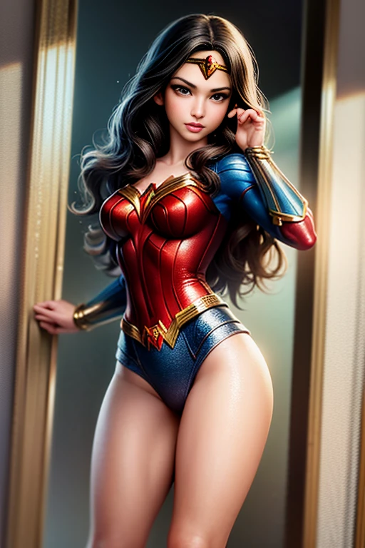 PhotoRealistic Art Style, Natural Beauty, Masterpiece, Full Body View Visible, Hailee Steinfeld, Perfectly Accurate Face Proportion,Realistic Light Hazel Brown Eyes, Thick Eyebrows, Brown hair, slim toned Thighs, tight ass, perky round breast , slim athletic body type, perfect body type, seductive smile, wonder woman