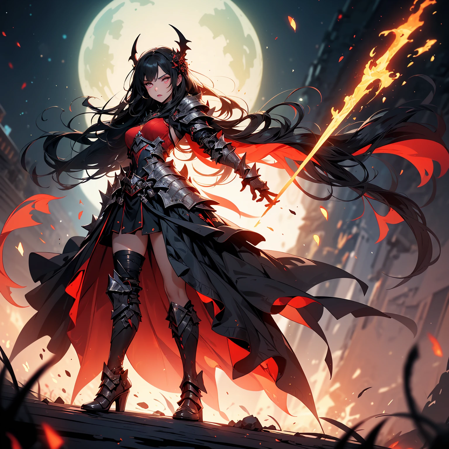 top-quality、Ultra-detail、(((solo)))、tits out、red eyes、A darK-haired、(((Twin-tailed hairstyle)))、Moon Night、Brown skin、sunburn marks、(((black armored bodysuit)))、fantasy town、cat ear、Cat tail