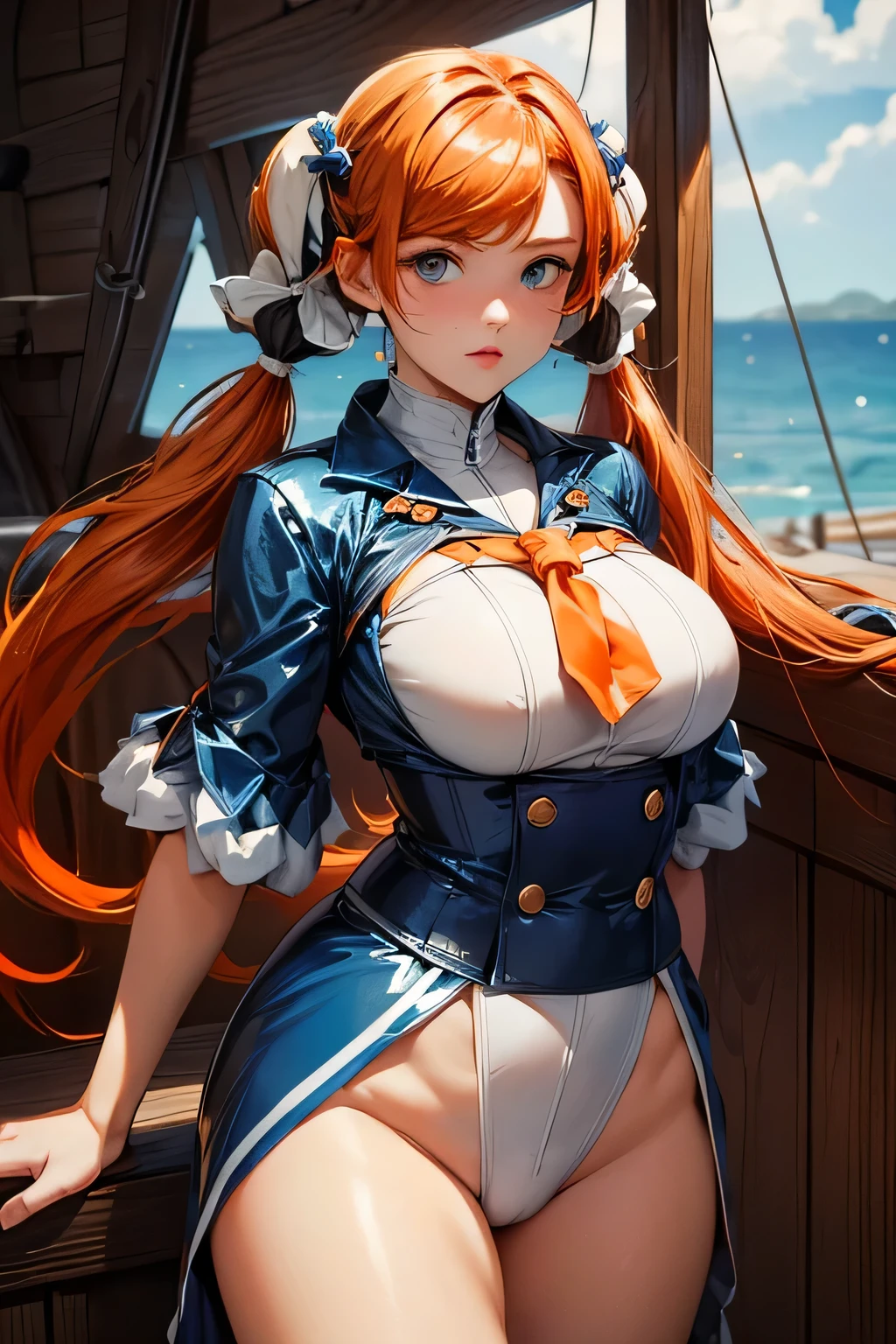 (masterpiece), best quality, expressive eyes, perfect face, front lighting, (outside at sea onboard a Marine Battleship background), (posing), (seductive look), (cleavage view), (1girl, Nami, 18 years old, orange hair, long hair, wavy hairstyle, brown eyes, hourglass figure, skinny body, thin body, petite_body, small breasts, wide hips, thick thighs), (marine sailor unform, white sailor shirt, short sleeve, croptop, exposed cleavage, white sailor pleated skirt, marine sailor hat),