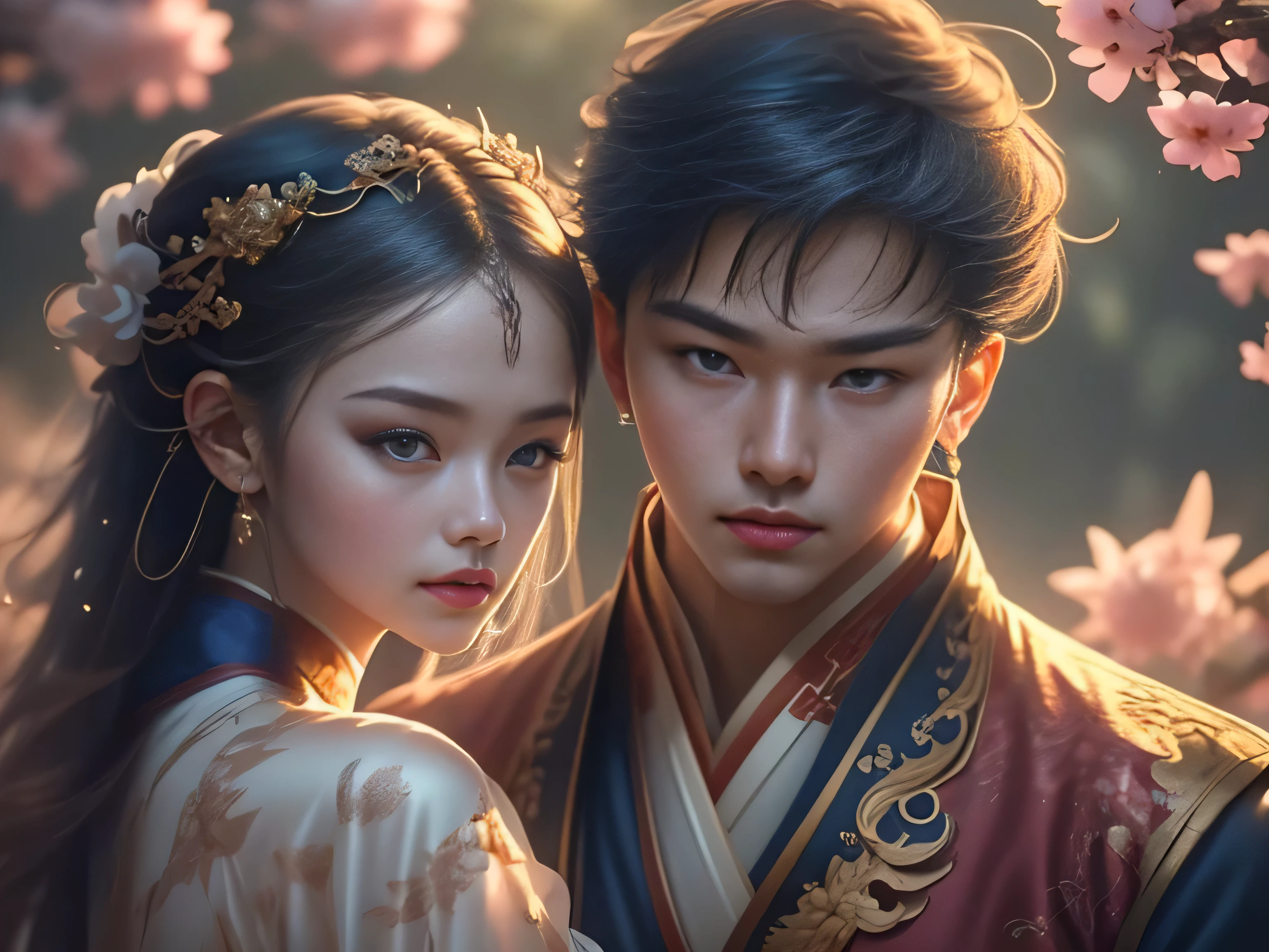 (Best Quality, Super Detail, Masterpiece, Representative Work, Official Art, Professional, Super Fine Detail, 8k:1.3), (photorealism:1.2), (Couple, Beautiful Girl and Boy), A couple in the sea of flowers, Handsome guy hugs beautiful girl from behind, Smiling and Wearing White Clothes, Delicate Hair, Chinese Beauty and Handsome Man, Wearing Ancient Chinese Clothes, Flowing Tulle, Light Silk, Create a movie poster similar to those used in Chinese romantic fantasy dramas, Correct proportions, Perfect face, perfect hands, Sweet atmosphere, Photorealistic, Sharp Focus, Dreamy Atmosphere, Delicate Details, Soft Volumetric Light, (Backlight:1.3), (Cinematic:1.2), Intricate Details, (ArtStation:1.3)