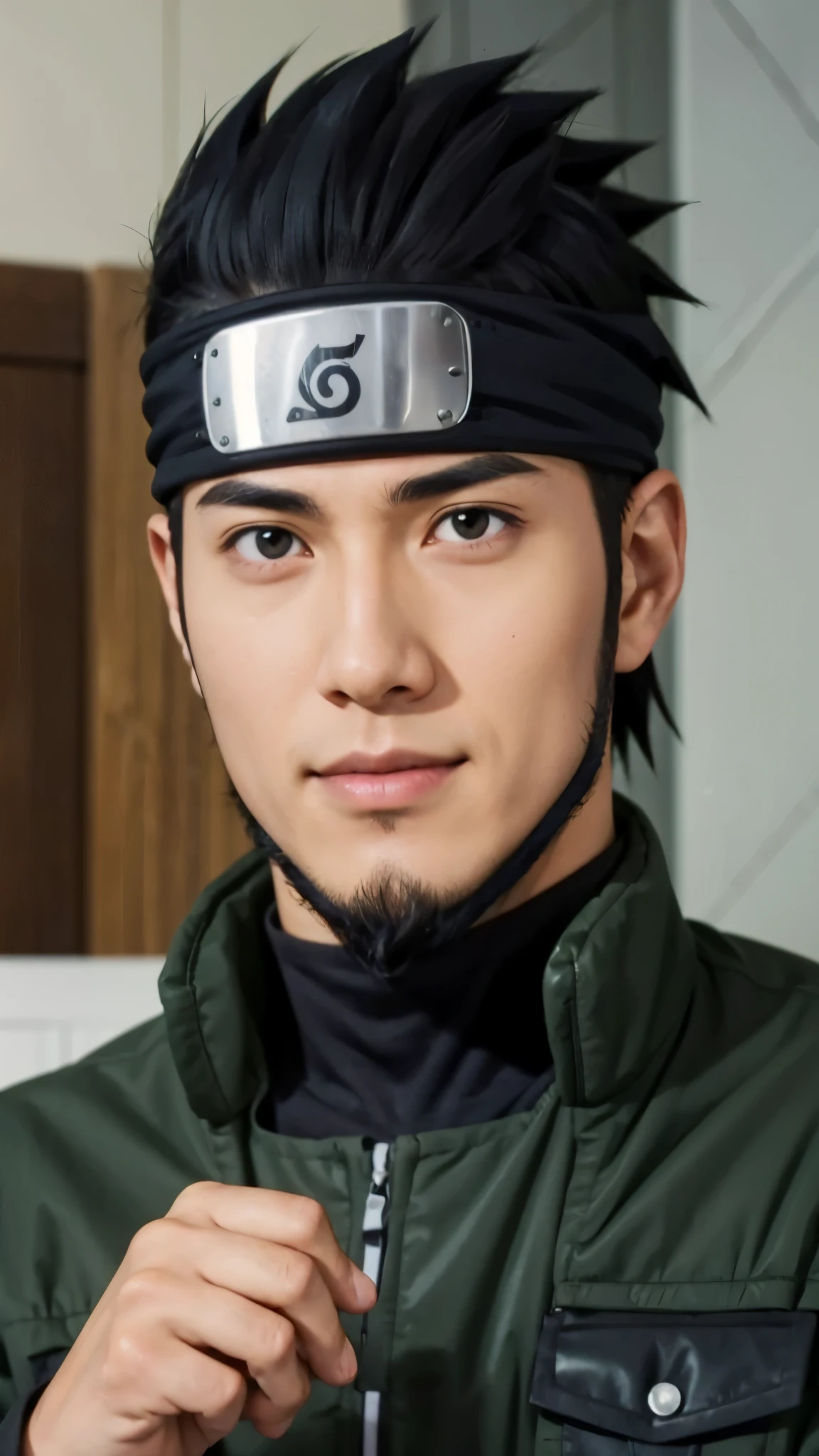 a close up of a person with short hair and a green jacket, asuma sarutobi, asuma sarutobi from naruto shippuden, as an anime character, perfect anime face, he has black hair with bangs, male anime character, anime character, anime best man, hime cut hairstyle, black hair, black eyes, smile, realistic, ultra detail, city background, (handsome face:1.3)