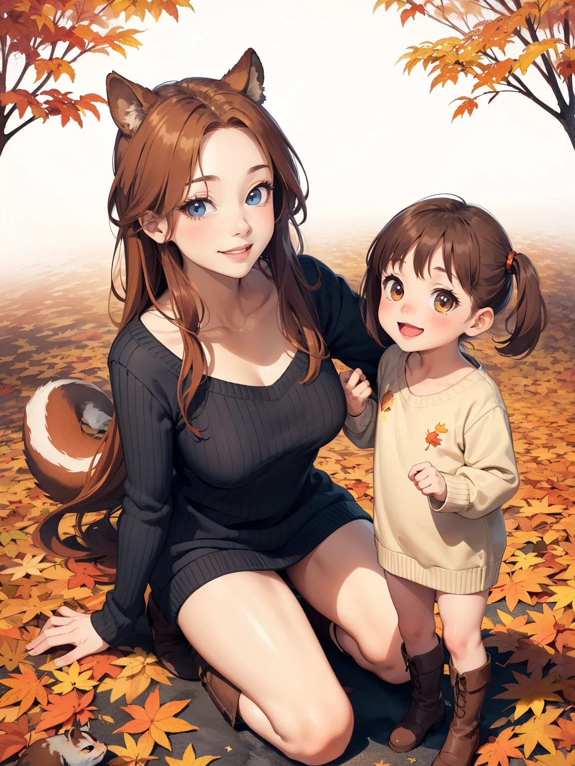 (Superflat, Flat Shading, Flat Color), (close), Fisheye Lens，Young cute mom and little daughter, Very short，Flat Chest，Thin thighs，A warm, oversized sweater，Long Hair, boots, smile, smile, fun, play, autumn, autumn leaves, bright, Wide angle, Vibrant colors, watercolor, Ghibli style、Chestnut and Squirrel，Girl&#39;s Temptation，