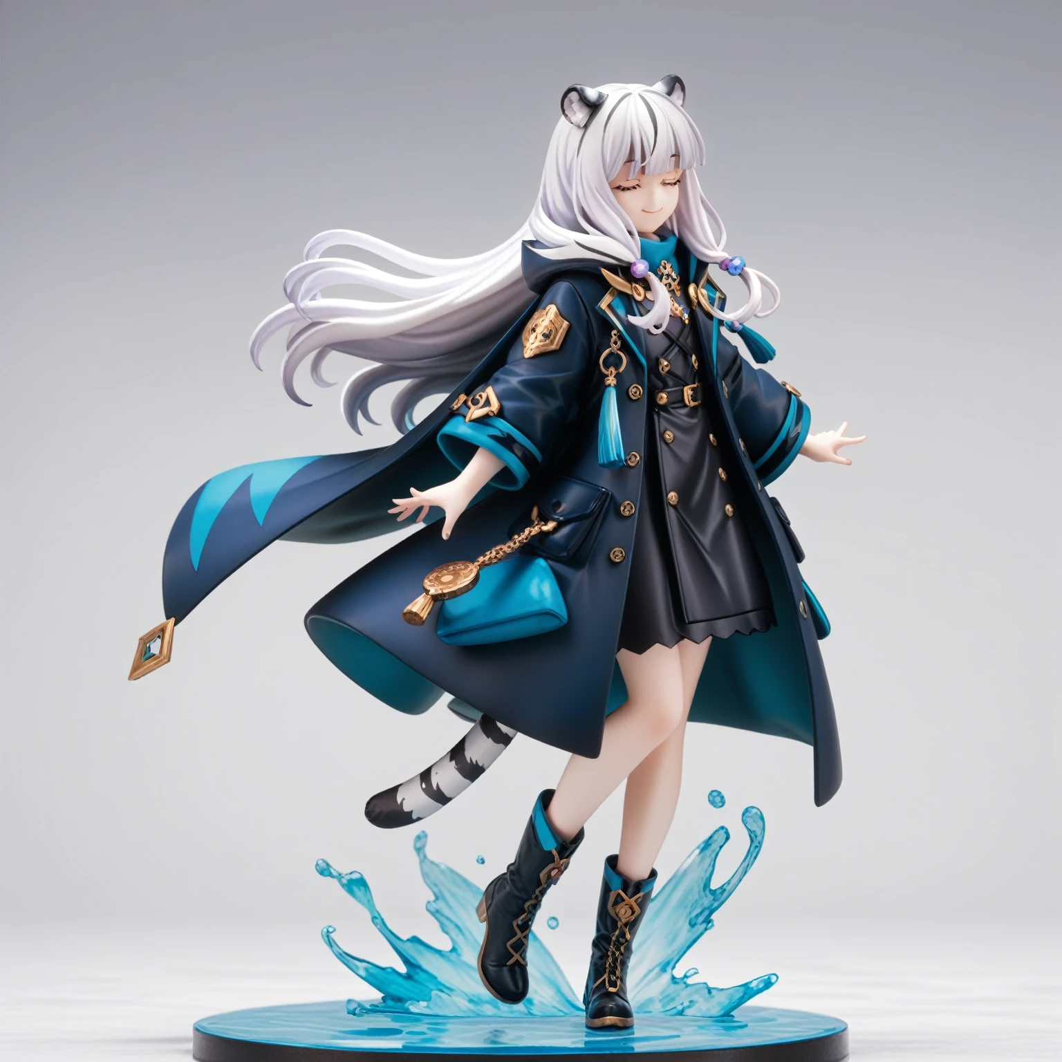 ((masterpiece)), 1girl, solo, long hair, white tiger ears, white tiger tail, closed eyes, full body, black top, ((dark lilac coat)), coat like cape, diodema, on left hand, standing, white hair, cute, boots, smile