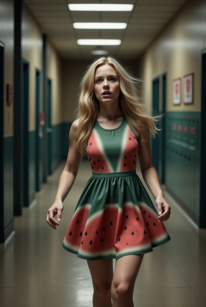 Nikon, perspective, UHD, 16k, best quality, masterpiece, UHD, 16k, best quality, A scared blonde woman dressed in a watermelon short sexy dress runs down a college hallway, horror style