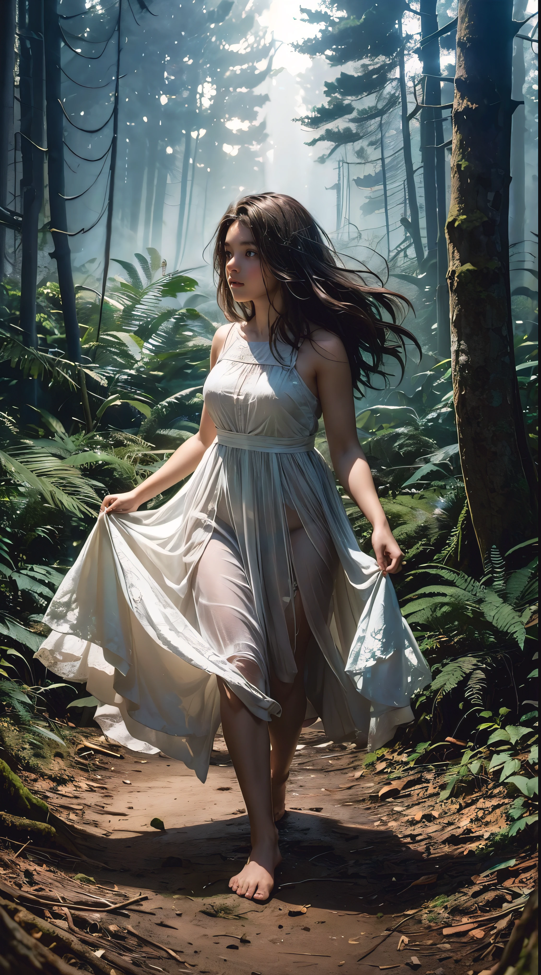 A -yeld gi barefoot and dressed in a short white dress, wanders through a dense, dark forest. Her short brown hair is tousled by the wind. Her expression is hopeful, yet uncertain, as she realizes she's lost. The only source of light is a distant, mysterious glow emanating from a secluded cabin deep within the woods. This cabin is rumored to be the home of the forest guardian.