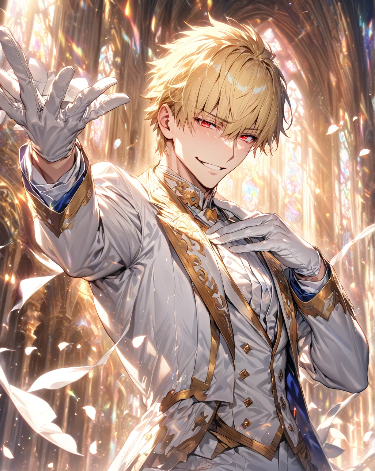 absurdres, highres, ultra detailed, HDR, master piece, best quality, detailed eyes, detailed face, Gilgamesh, blonde hair, short hair, with bangs, expressive red eyes, Fate Grand Order, solo, sexy man, handsome, sensual, adult face, mature, groom, white jacket, white tuxedo, white shirt, smiling, white gloves, white cravat, magical, fantasy, church, white roses, white petals, white butterflies, radiant, shinning