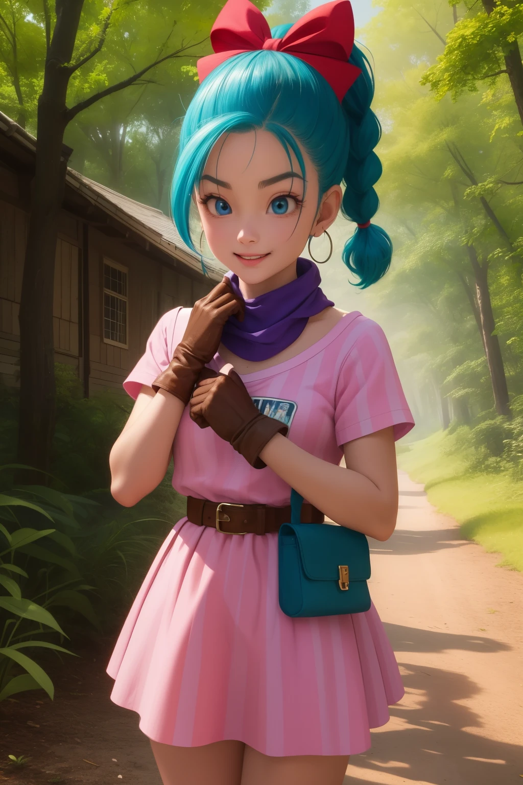 bulma, 1girl, solo, blue eyes, blue hair, aqua hair, single braid, braided ponytail, hair ribbon, red ribbon, hair bow, earrings, short dress, pink dress, vertical-striped dress, short sleeves, belt, clothes writing, brown gloves, single glove, purple scarf, smile,closed mouth,cowboy shot, forest,outdoor, (insanely detailed, beautiful detailed face, masterpiece, best quality) cinematic lighting,