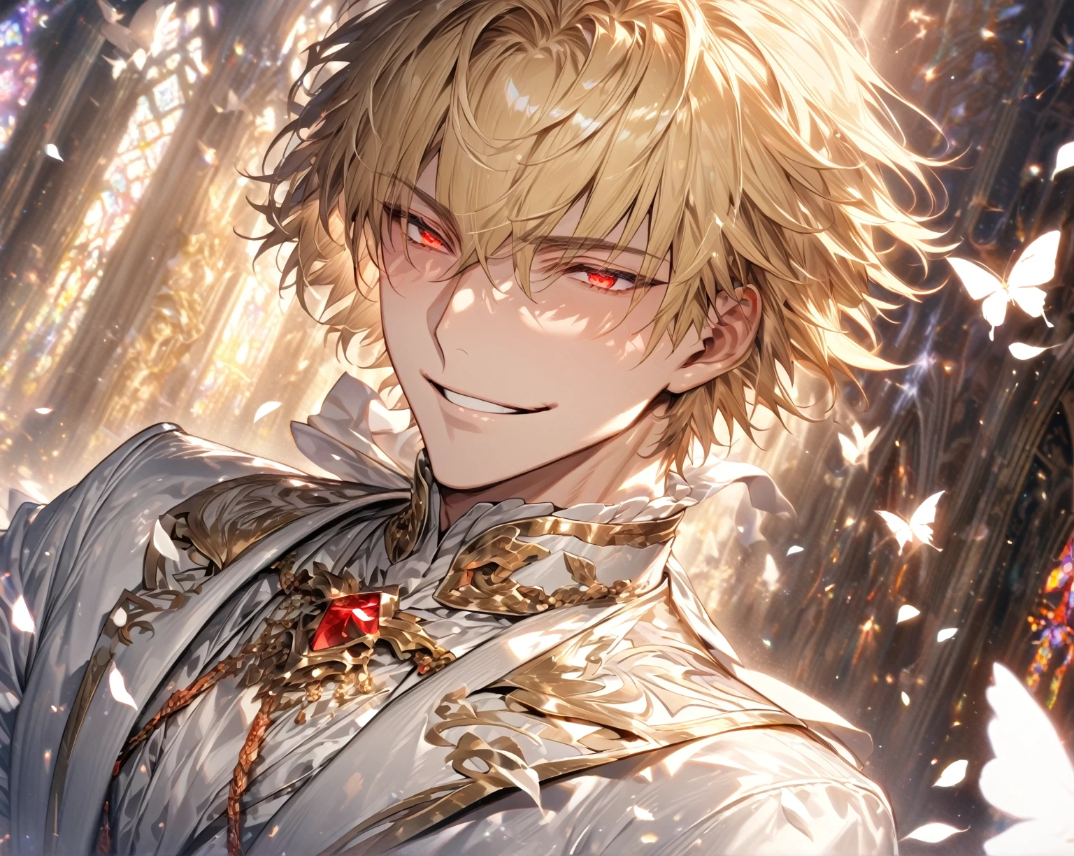 absurdres, highres, ultra detailed, HDR, master piece, best quality, detailed eyes, detailed face, Gilgamesh, blonde hair, short hair, with bangs, expressive red eyes, Fate Grand Order, solo, sexy man, handsome, sensual, adult face, mature, groom, white jacket, white tuxedo, white shirt, smiling, white gloves, white cravat, magical, fantasy, church, white roses, white petals, white butterflies, radiant, shinning