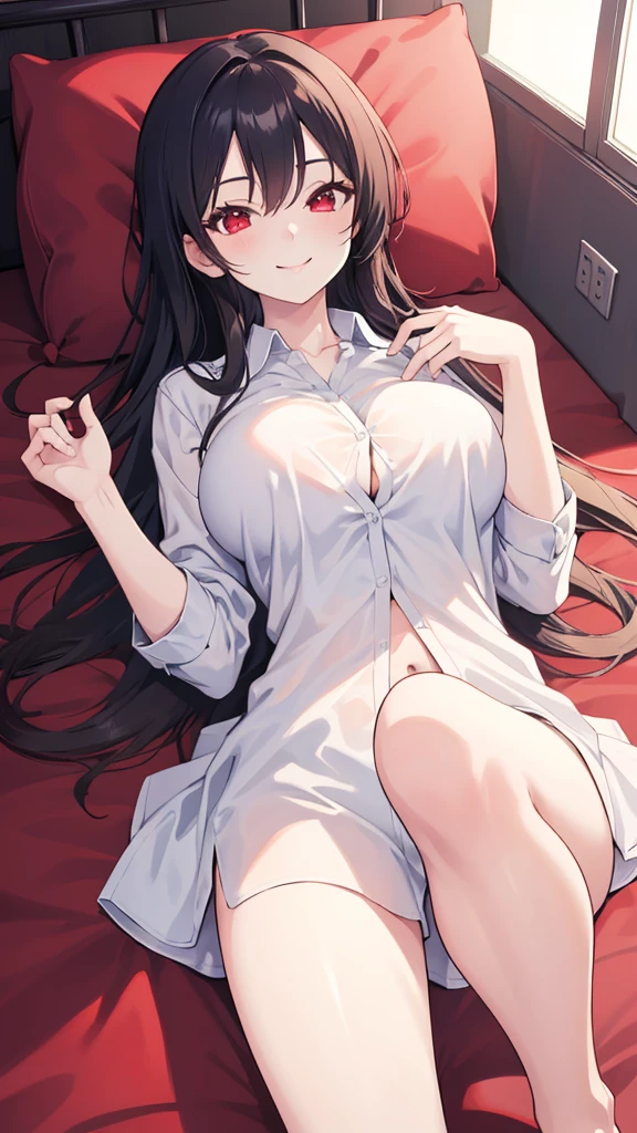 One girl, High resolution, Best Quality, Ultra high definition, Naked shirt, Bedroom,A seductive smile, Anime Style, Lying on your back, Red eyes, Large Breasts, Being pushed down, 