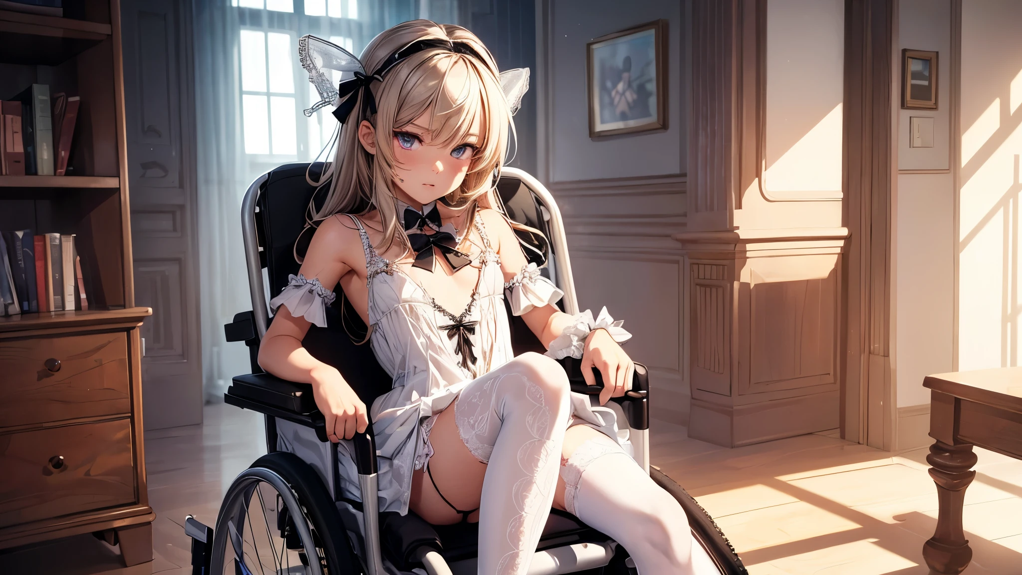 (ultra-detailed, realistic), [professional:1.1], [physically-based rendering], [vivid colors], [sharp focus], [extreme detail description], [best quality,4k,8k,highres,masterpiece:1.2],(cowboy shot),((one  boy,femboy,trap,flat chest)) ,((in wheelchair)),(Girl in lace underwear),(long shiver hair), [streesed eyes],((open skimpy ta dress, white lace stockings)), lace panties, the boy was forced to dress like a girl, femboy, sissy, skimpy dress, cute bow on head,  otoko no ko, (bulge in panties)