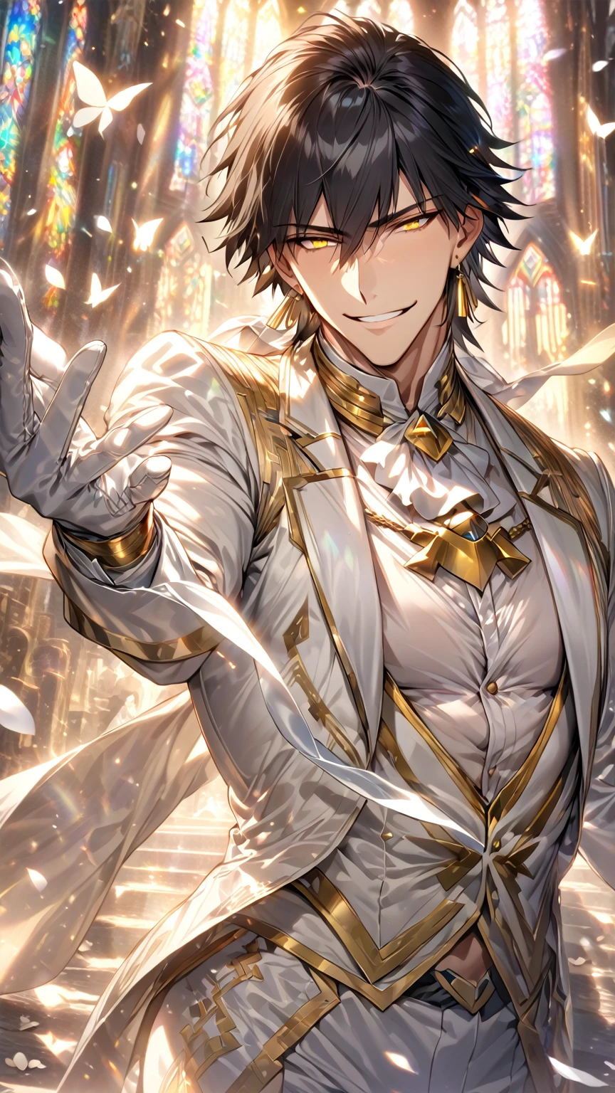 absurdres, highres, ultra detailed, HDR, master piece, best quality, detailed eyes, detailed face, Ozymandias, black hair, expressive yellow eyes, Fate Grand Order, solo, sexy man, handsome, sensual, adult face, mature, groom, white jacket, white tuxedo, white shirt, smiling, white gloves, white cravat, magical, fantasy, church, white roses, white petals, white butterflies, radiant, shinning