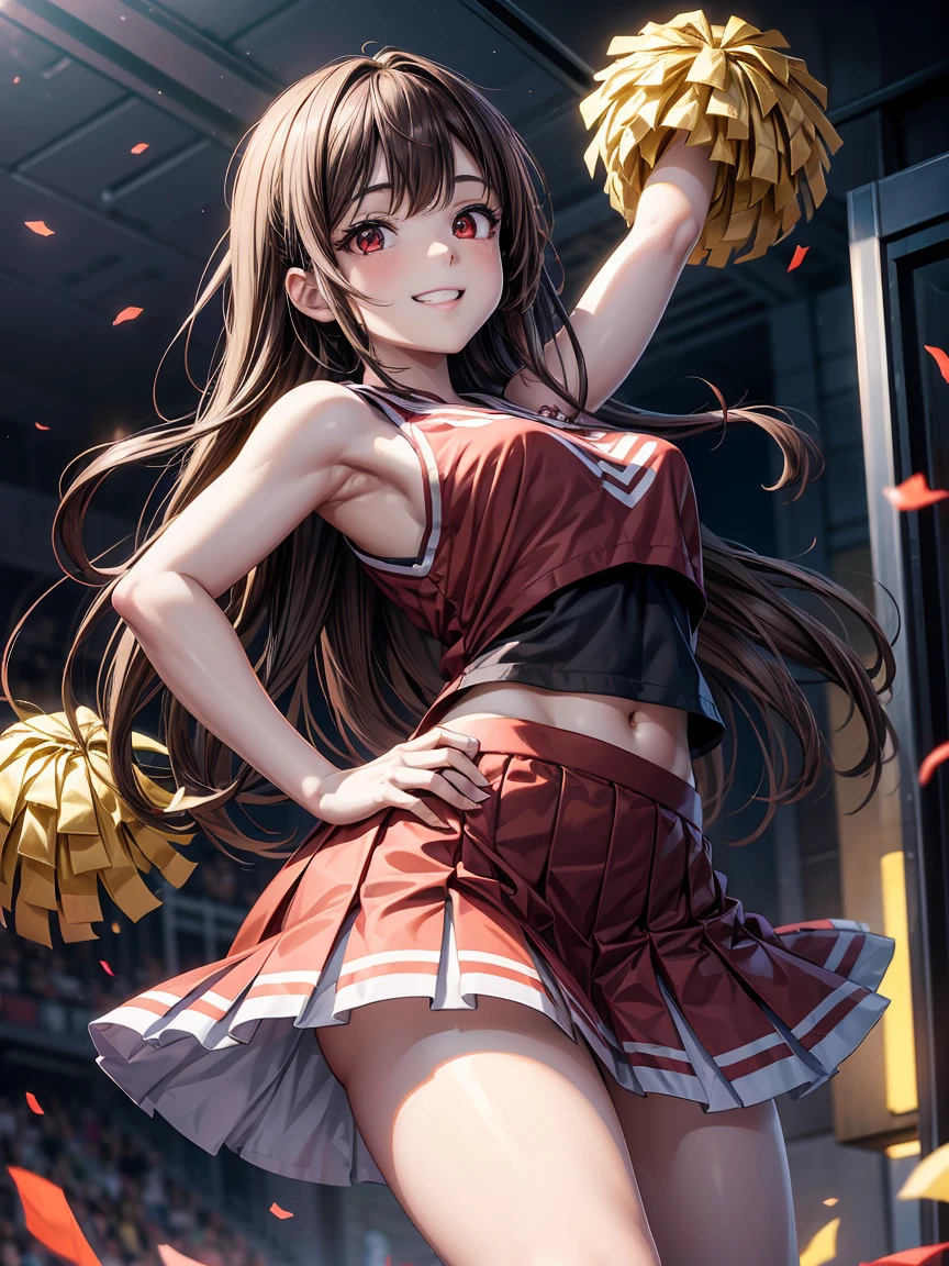 (ultra detailed eyes), (ultra detailed face),high quality, best image quality, masterpiece, teenage girl, 18 years old, very cute and beautiful cheerleader girl is dancing, dynamic pose, soft wavy hair, black hair, (smile:1.2), medium breast, (red tops with logo:1.3), (miniskirt:1.3), (panties), Armpits, Navel, thighs, Bare shoulders, Bare arms, Natural lighting, Hair fluttering in the wind, Beautiful detailed sky, stadium, ((Finest quality)), ultra high resolution, ultra-detailliert, Meticulous portrayal, ((Best Anime)),