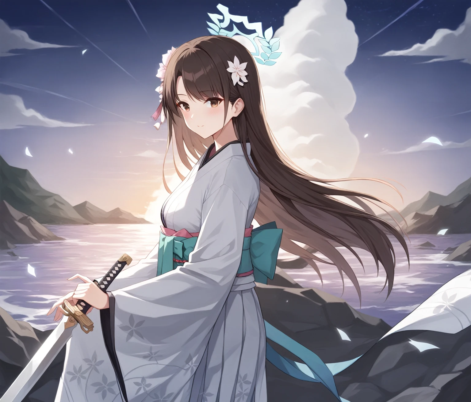 airi _(blue archive\),brown eyes,brown hair,long hair,hair ornament,kimono, holding Japanese sword,(The sword used was a Japanese sword..,Japanese swords are straight and have a metallic luster...,Please hold the handle of the Japanese sword.,Structurally correct,Beauty like a Japanese sword,The appropriate length for a sword.,(ice effect around the sword: Japanese Wave pattern)),break,Perfect Anatomy