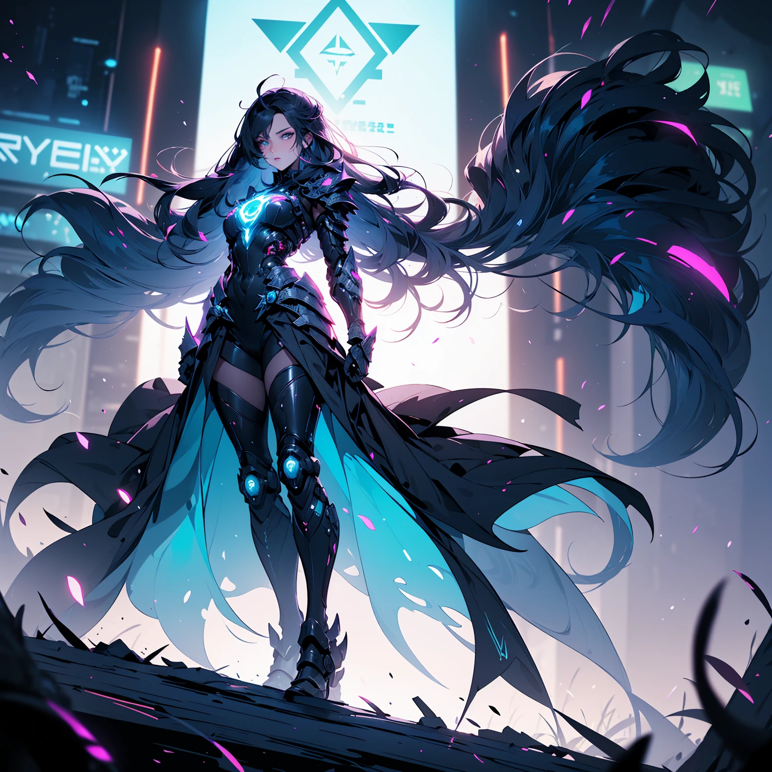 (artwork, highest quality, highest resolution, distinct_image, detailed details): (8K, 4K, best quality, High resolution: 1.2), artwork, Ultra-detailed, hyper details, cinematic Light, Alone, woman, long black hair, gold swimsuit, clothes with futuristic details, highlighting the breasts, perfect body, thin waist, heroine pose, mature, perfect face, full body, looking at the viewer, detailed_background, full_body, dynamic_angle