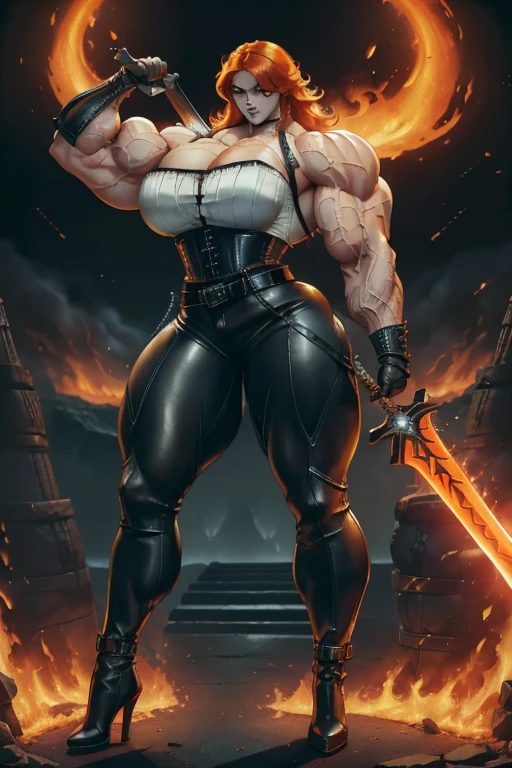 Score_9, score_8_up, score_7_up, source_anime, 1girl, solo, muscular woman, outdoors, pale, mature female, milf, wearing a barbarian armor, skull shoulder pad, defined abs, green eyes, blonde hair, thighs, standing, panties, legs spread, ((wearing war boots)), ((wearing iron leggings)), battlefield background, crowded