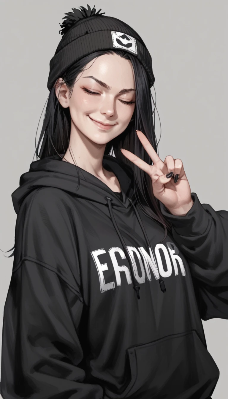 Cartoon of a girl, closed mouth, smirk, closed eyes, looking at viewer, black hair, long hair, baggy hoodie, black hoodie, black beanie, v sign, simple background, grey background