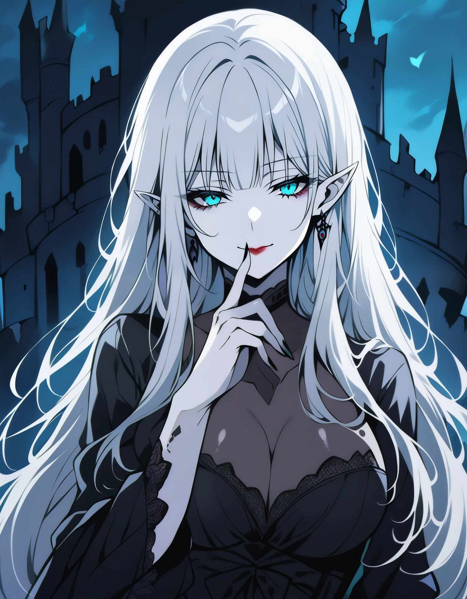 score_9, score_8_up, score_7_up, 1girl, milf, solo, corruption, (colored skin, white skin:1.8), beta, (huge breasts), (((white hair), long hair, long sidelocks, bangs, black sclera, aqua eyes, half-closed eyes, pointy ears)), red lips, ((night gown)), (evil smile, closed mouth), ((finger on own lips, ruined castle))