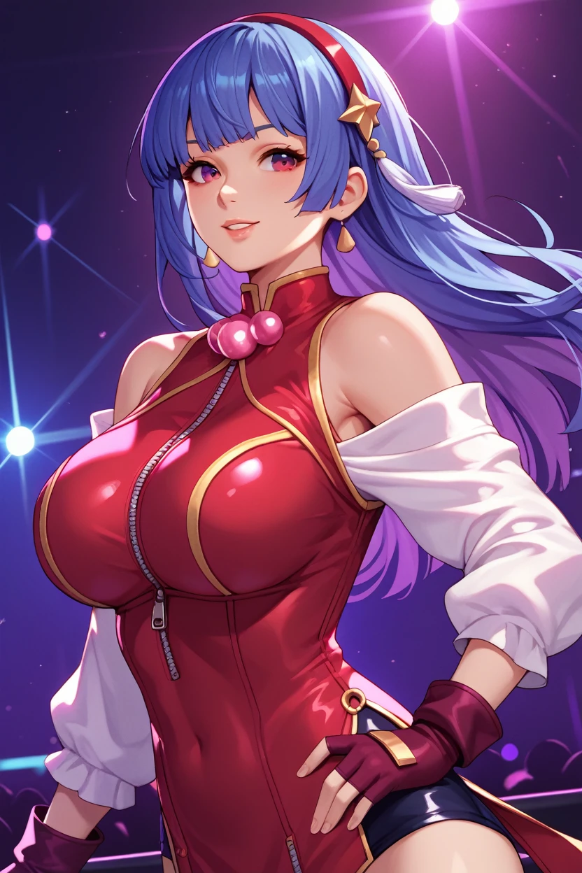 score_9_up, score_8_up, score_7_up,score_6_up, score_5_up, score_4_up , 1girl, solo, huge breasts, kula, blue hair, red eyes, bodysuit, gloves, zipper, AthnaKOFXV, purple hair, purple eyes, red hairband,pearl (gemstone), off-shoulder, white sleeves, fingerless gloves, short china dress, flirting, cowboy shot, stage lights, concert, stage