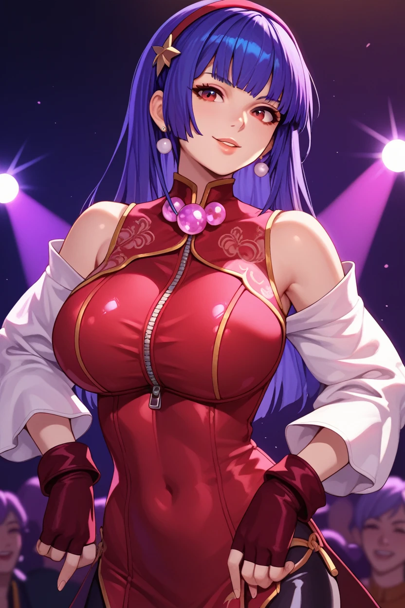 score_9_up, score_8_up, score_7_up,score_6_up, score_5_up, score_4_up , 1girl, solo, huge breasts, kula, blue hair, red eyes, bodysuit, gloves, zipper, AthnaKOFXV, purple hair, purple eyes, red hairband,pearl (gemstone), off-shoulder, white sleeves, fingerless gloves, short china dress, flirting, cowboy shot, stage lights, concert, stage