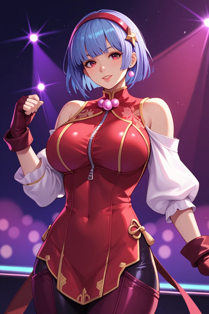 score_9_up, score_8_up, score_7_up,score_6_up, score_5_up, score_4_up , 1girl, solo, huge breasts, kula, blue hair, red eyes, bodysuit, gloves, zipper, AthnaKOFXV, purple hair, purple eyes, red hairband,pearl (gemstone), off-shoulder, white sleeves, fingerless gloves, short china dress, flirting, cowboy shot, stage lights, concert, stage