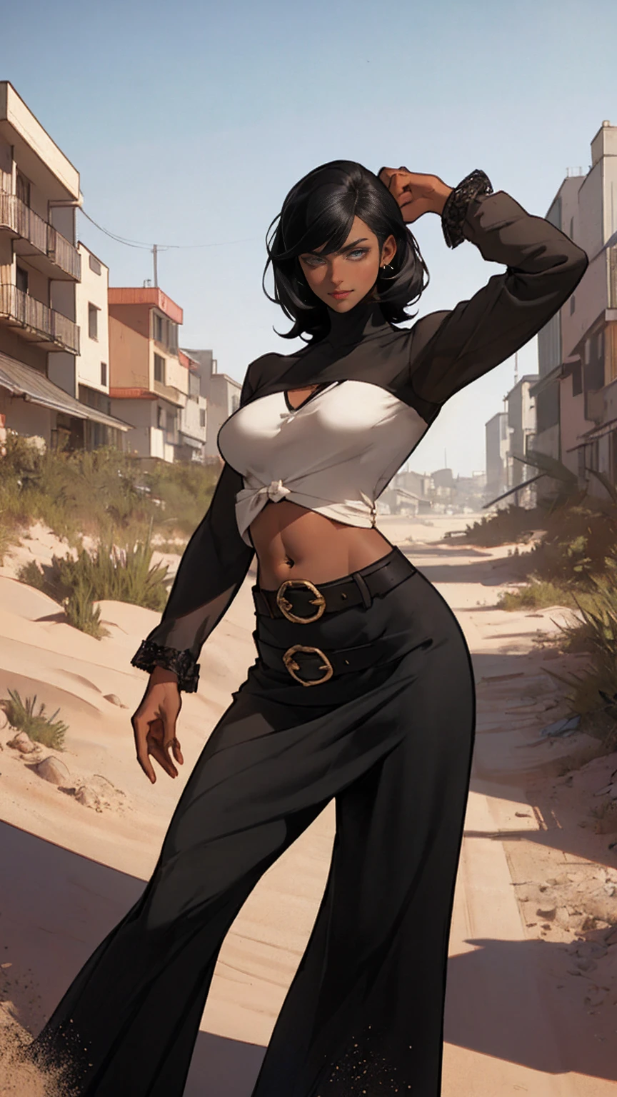 (Highly quality, masterpiece, detailed), sandy city detailed scenario, sandy city detailed background, solo, 1 woman, black hair, glamorous hair style, DustMarvel, long sleeves, belt, black cropped top, long skirt, dark-skinned female, belly button piercing, beautiful eyes, look at the viewer, Sexy pose 