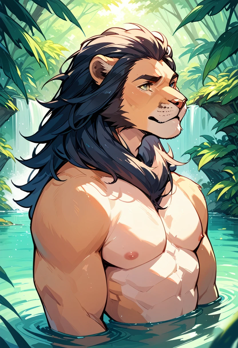 Muscular barbarian, upper body unclothed, legs uncovered from thighs to feet, flowing long curls, detailed muscular physique, lifelike representation, 4K resolution ,32k uhd, best quality, masterpiece, super detail, high details, laying down, relaxing, large erection penis, penis ejaculation, hot spring pool, Background: Dense jungle with ancient ruins, full body length, side view
