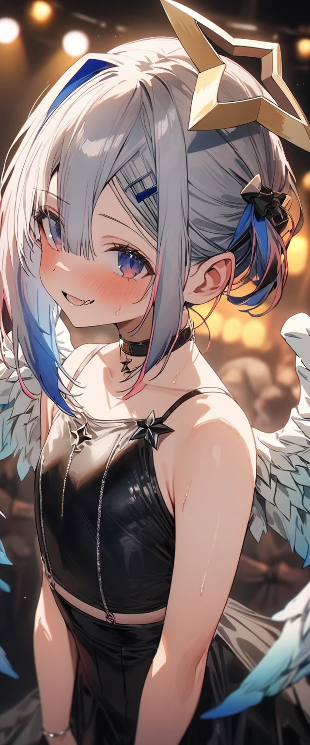 (1girl, (Amane Kanata:1.6), gradient hair, grey hair, blue hair, flat chest, Star Halo, star shaped angel ring, angel, (wing on back:1.4), (hove)), Sailor high waist swimsuit, Fake girls, Light human skin, Moist oily skin, devil smile, Vibrant colors, Nightclub, Looking at the audience, (masterpiece, best quality, Very detailed, Extremely detailed, high resolution), (detailed), Hot Girls, Shortness of breath, Cowboy shot, from above, Purple light strip, (People in focus, Chest focus, whole body), Thick Legs, Thick thighs, Half of the chest is exposed, Fascinating three-dimensional, Fascinating three-dimensional, Fascinating three-dimensional, Whole body soaked,