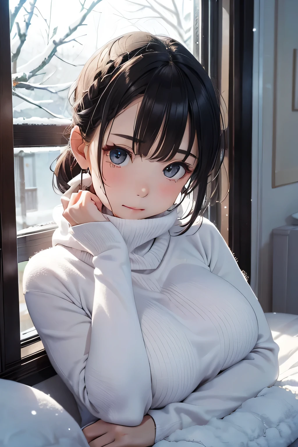 masterpiece, High resolution, figure, Kyoto animation style, your name is movie style, night, midnight, light, (1 female: 1.3), (alone: 1.4), long eyelashes, short bob, blush your nose, futon, lying down, naked, close up of face, cover your chest with your hands, hide with hands,