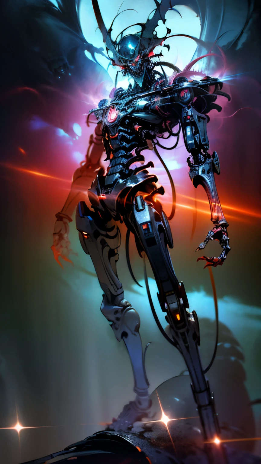 (Best Quality,4K,High resolution,masterpiece:1.2),((Fusion of machine and body)), Highly detailed and realistic full body demon portrait, Creepy and mysterious facial contours, Psychic weapon appendages that pop out from the back, sharp, Sharp orange eyes, Unique and complex scales covering the body, Ancient Otherworldly Creatures, Dark and eerie atmosphere, Dreamy, A dreamlike landscape, An unpleasant and malicious presence, Lovecraftian horror, Aquamarine and red shades, dramatic, Subdued lighting with ominous shadows, Fantastic and supernatural atmosphere