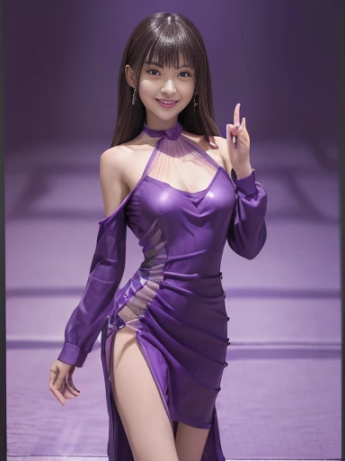 female idol、Full body esbian、smiling face、Lipgloss、very large necklace (violet color)、Very large earrings (violet color)、shiny latex tight mini dress（violet color）、colorful hair (violet color)、conceptual art, high quality, realist, Extremely detailed 8k unified CG wallpaper, Very detailed, High definition raw color photographs, professional photography, realist portrait, cinematic light, Beautiful detailed, super detail, High details, (((bokeh))), Depth of fields, lightning, Neon Street, Super stylish lighting、Imminent penetration, lying, on back, 