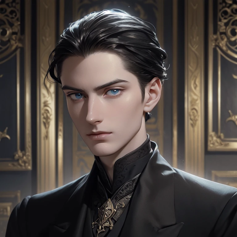 a tall and slender man, icy blue eyes, perfectly groomed black hair, sharp facial features, pale skin, 19th century emperor attire, ornate palace, extremely detailed face and eyes, beautiful detailed lips, intricate details, dramatic lighting, cinematic composition, muted color palette, chiaroscuro lighting, (best quality,4k,8k,highres,masterpiece:1.2),ultra-detailed,(realistic,photorealistic,photo-realistic:1.37)