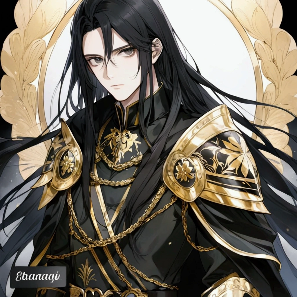 A handsome, cold-looking young man with long black hair and black eyes, wearing a black dress with gold patterns with an armor on his shoulders and a cape behind him and he wears black boots and silver belt
the background is battlefield