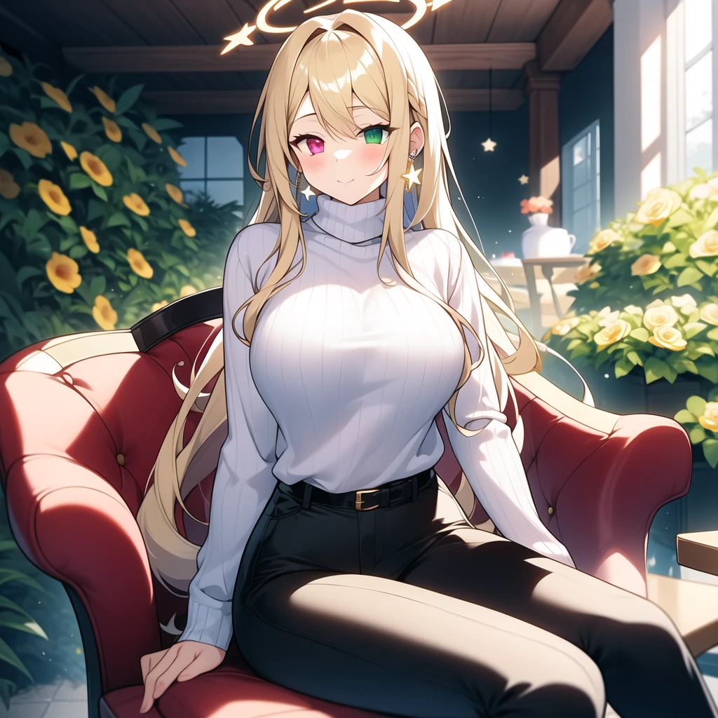 One gorgeous girl that have white halo with long dazzling pink butterfly layer hairstyles with bangs and have heterochromia eyes a deep bright green on left eye and gold yellow on right eye with a curve beautiful body and height 200 centimeters with body size 142cm/Waist77cm/Hip115cm wearing a grey sweater,a long-sleeved black undershirt with a turtleneck,black pants,white boots and have golden star earring on both ear while holding black red divine spear while sitting on wood chair with table in front on top garden fill with dying flower (funky personality)