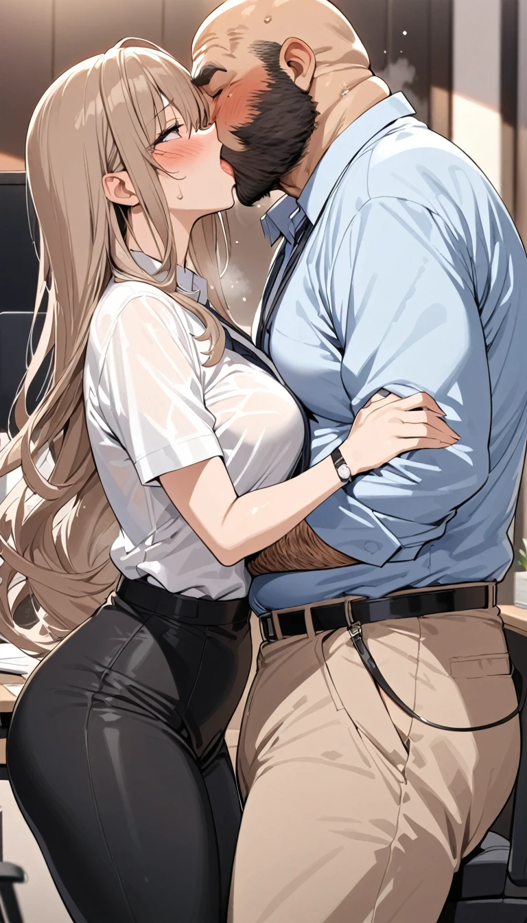 A sensual sexy woman beautiful big breast beautiful attraction long blonde yellow hair her gray eye wears a white button-down office shirt shows her chest red bra and a short purple skirt she sucks dick sausages under a young guy