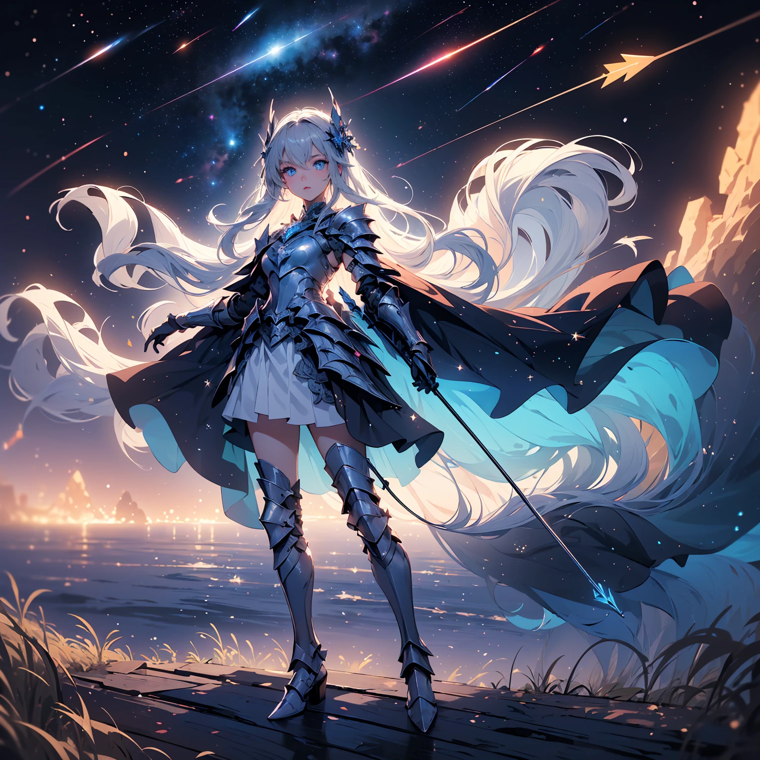 The earth is illuminated by rainbow-colored light, the sky is full of stars, and the moon shines in a pale purple. Walking on the earth, a woman in leather armor and wearing a sword. She has a beautiful face and brightly colored eyes. The beautiful valley, rich in nature, is colored in fantastic rainbow colors. Detailed drawing. Vivid colors. High image quality.
