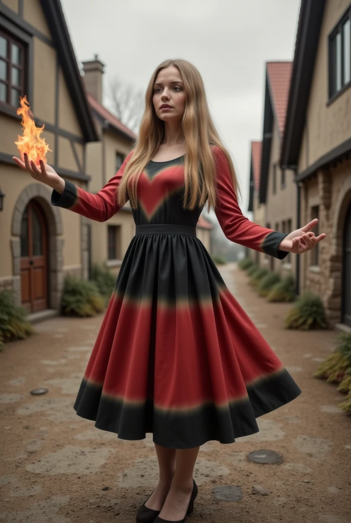 a beautiful concentrated sorceress with long blond hair dressed in a red and black mage robe casts a fireball in a dynamic battle pose against the background of a picturesque hobbit village, cold atmosphere, an intricate mix of colors