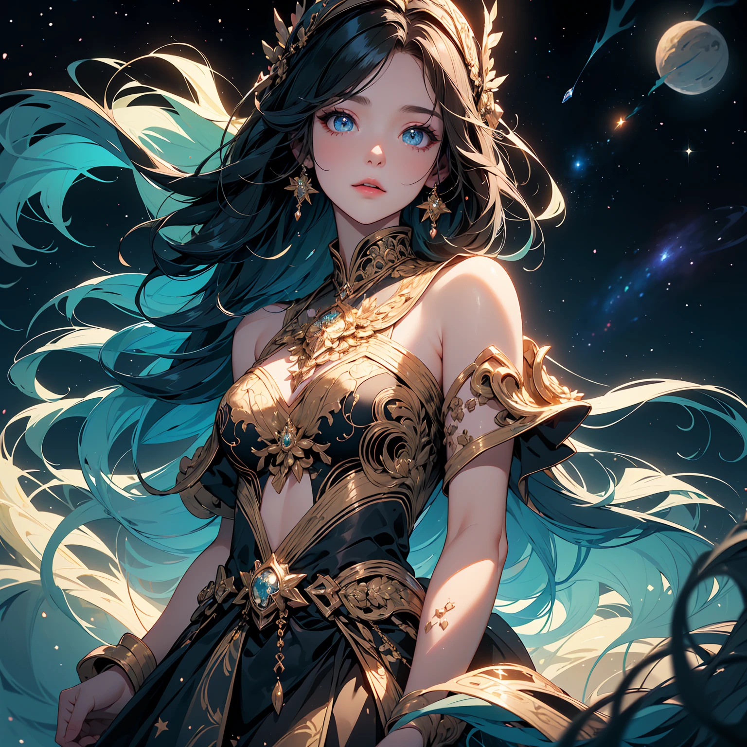 best quality ,masterpiece, illustration, an extremely delicate and beautiful, extremely detailed ,CG ,unity ,8k wallpaper, Amazing, finely detail, masterpiece, best quality, official art, extremely detailed CG unity 8k wallpaper, huge filesize , ultra-detailed, highres, extremely detailed, beautiful detailed girl, extremely detailed eyes and face, beautiful detailed eyes, light on face, 1girl, (18yo:1.2), glaring, serious, from behind, (galaxy:1.2), star \(sky\), (night sky:1.4), outdoors, (upper body:1.2), detailed sky, night, arms at sides, bule eyes, china dress, east asian architecture,  see-through,